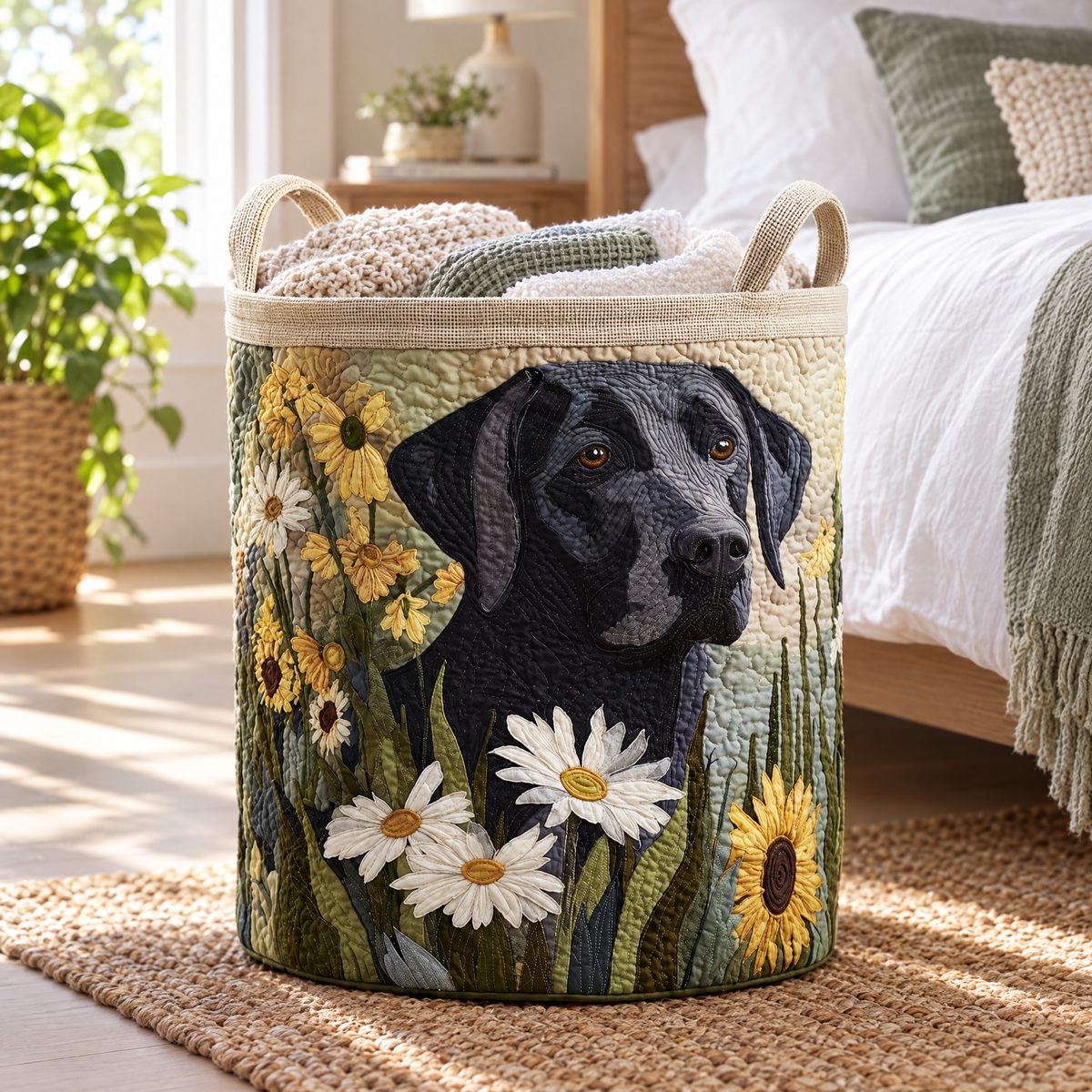 Quilted Laundry Basket - Floral Black Lab