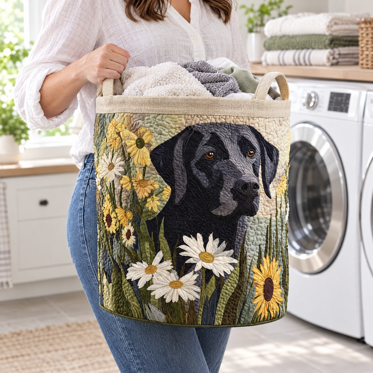 Quilted Laundry Basket - Floral Black Lab
