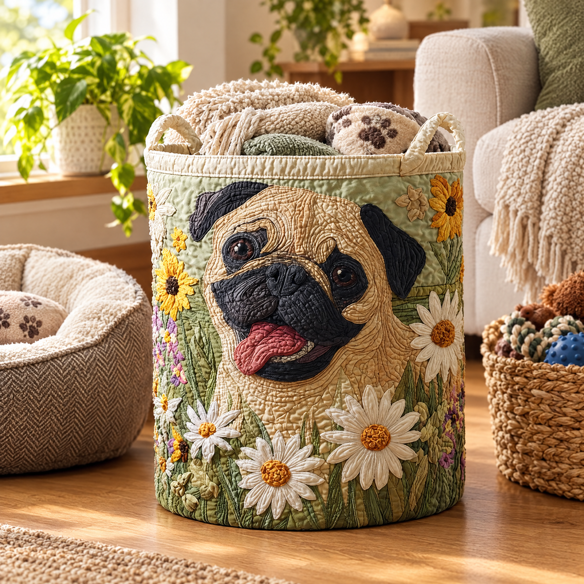Quilted Laundry Basket - Pug Among the Daisies